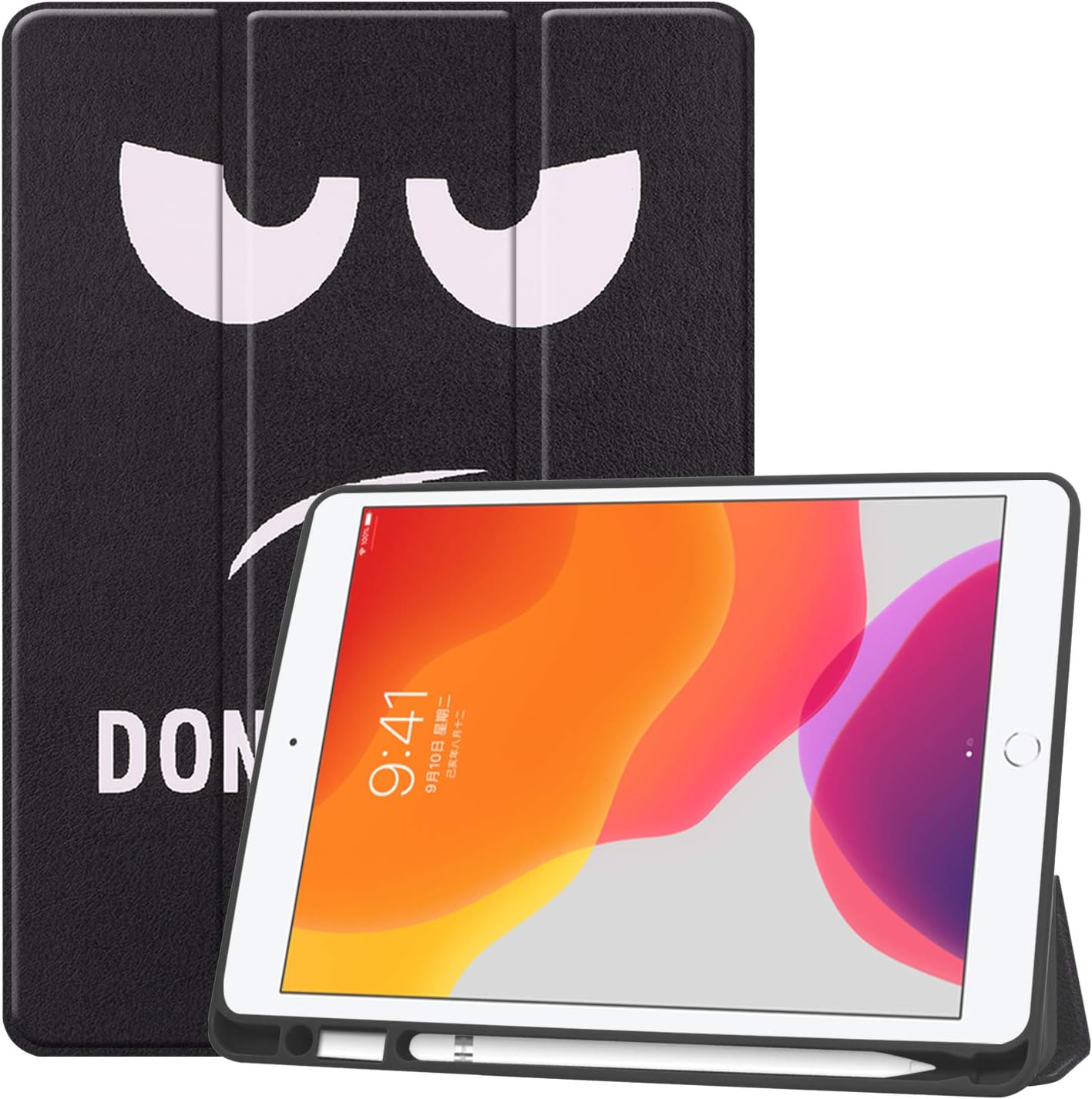 New iPad 10.2 Case with Pencil Holder, Premium Folio Slim Fit Smart Shell, Trifold Stand Shockproof Soft TPU Back Cover, Auto Sleep/Wake Function for iPad 7th Generation 10.2" 2019 (1-Big Eye)