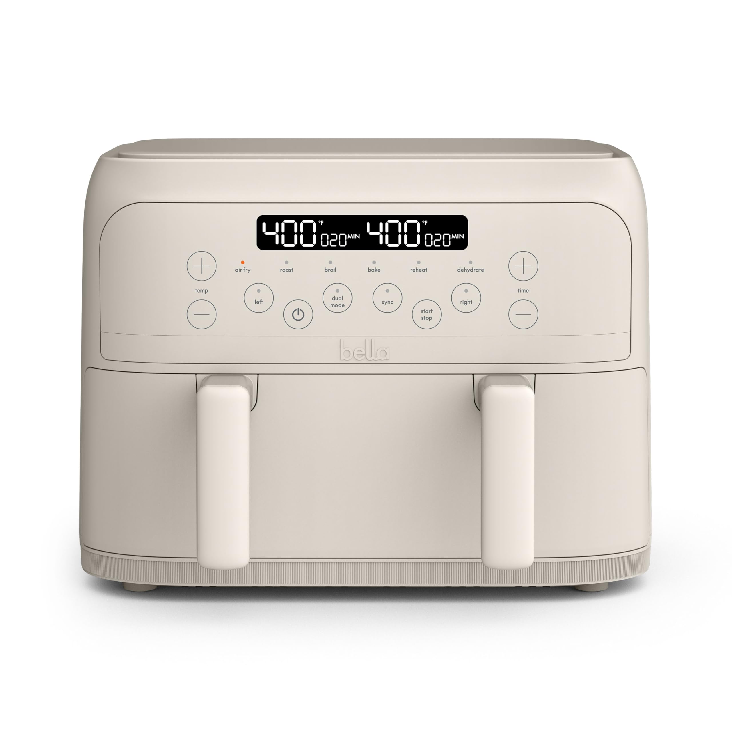 Bella freidora de aire TriZone de 4 cuartos, revestimiento antiadherente cerámico EverGood™, diseño de canasta doble con divisor extraíble, control de pantalla táctil digital con 6 opciones de cocción preestablecidas, 1200 vatios, capacidad de 3 libras, leche de avena