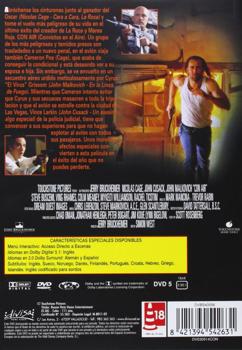 Con air (Convictos en el aire) [DVD]: Amazon.es: Nicolas Cage, John Cusack, John Malkovich, Steve Buscemi, Ving Rhames, Colm Meaney, Simon West: Cine y ...