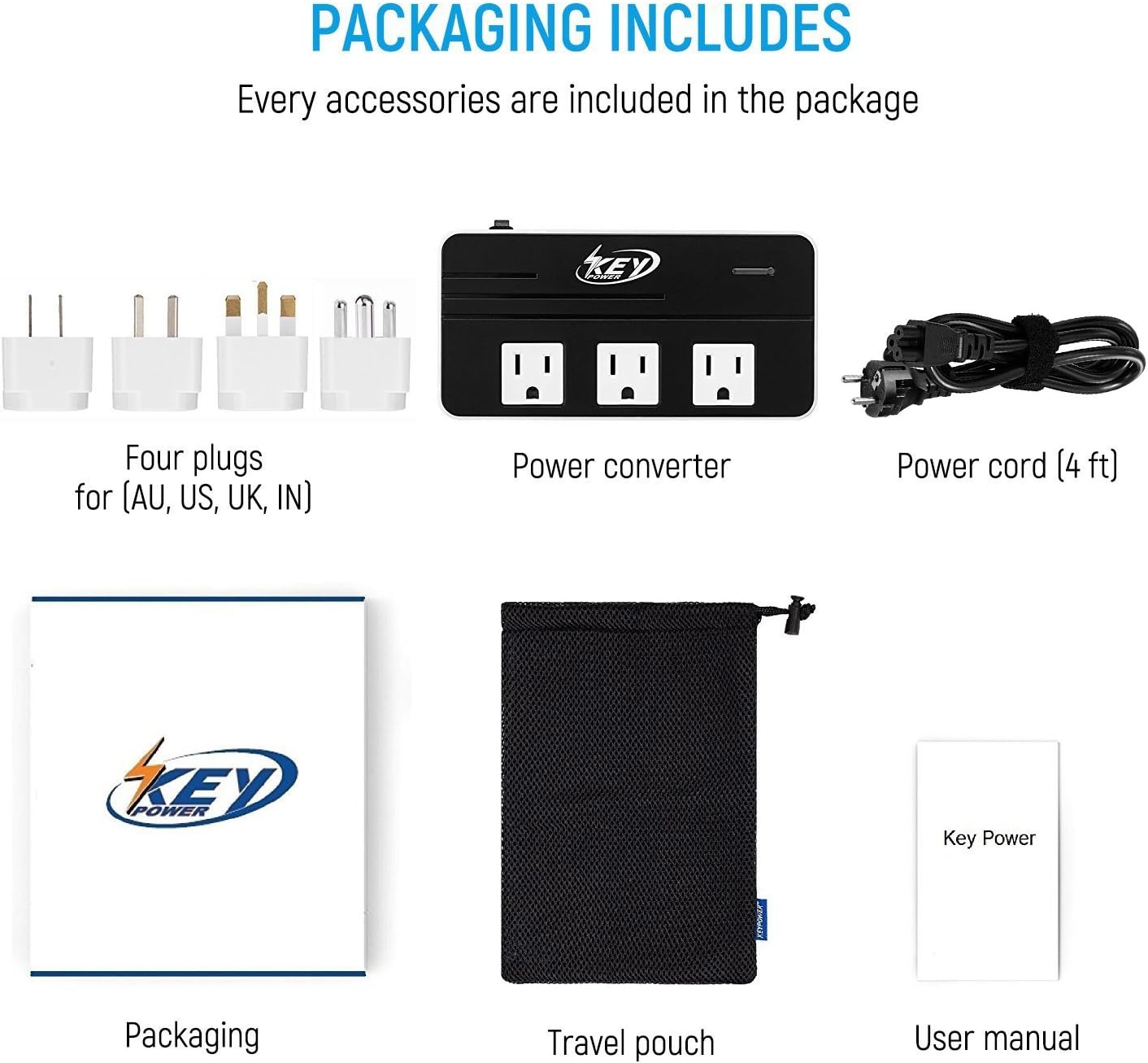 Key Power 200-Watt Step Down 220V to 110V Voltage Converter & International Travel Adapter/Power Strip - [Use for USA Appliance Overseas in Europe, Australia, UK, Ireland, Italy and More]