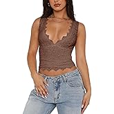 REORIA Womens Sexy V-Neck Sleeveless Double Lined Going Out Y2K Trendy Lace Cropped Tank Tops