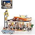 FUNWHOLE City Gas-Station Lighting-Building-Bricks Set - Road Trip Modular Car Service Station Collection LED Light Building 