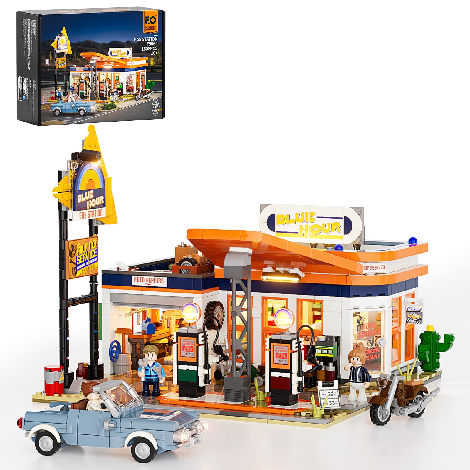 Photo 1 of FUNWHOLE City Gas-Station Lighting-Building-Bricks Set - Road Trip Modular Car Service Station Collection LED Light Building Set 1608 Pcs for Adults, Teen and Travelling Enthusiasts