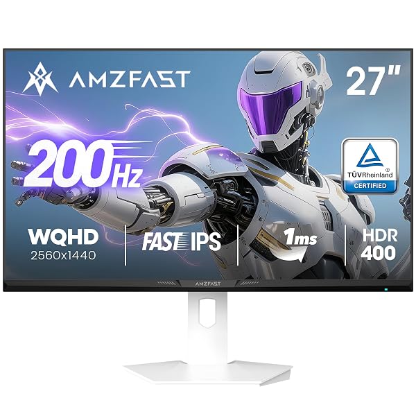AMZFAST 27 INCH 1440P 200HZ/180HZ WHITE GAMING MONITOR, 2K QHD (2560 ×1440),MPRT 1MS FAST IPS | HDR400 & TÜV RHEINLAND EYE CARE & 12 MONTHS EXCHANGE (HDMI & DP CABLE)