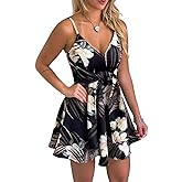 CASURESS Womens Dresses V Neck Mini Floral Spaghetti Strap Tie Knot Front Flowy Pleated Swing Dress