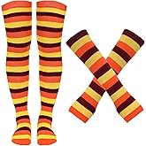 Tongcloud Women's Striped Knee High Socks Over Knee Thigh High Socks Arm Warmer and Fingerless Gloves Set (Grey Yellow and Orange)