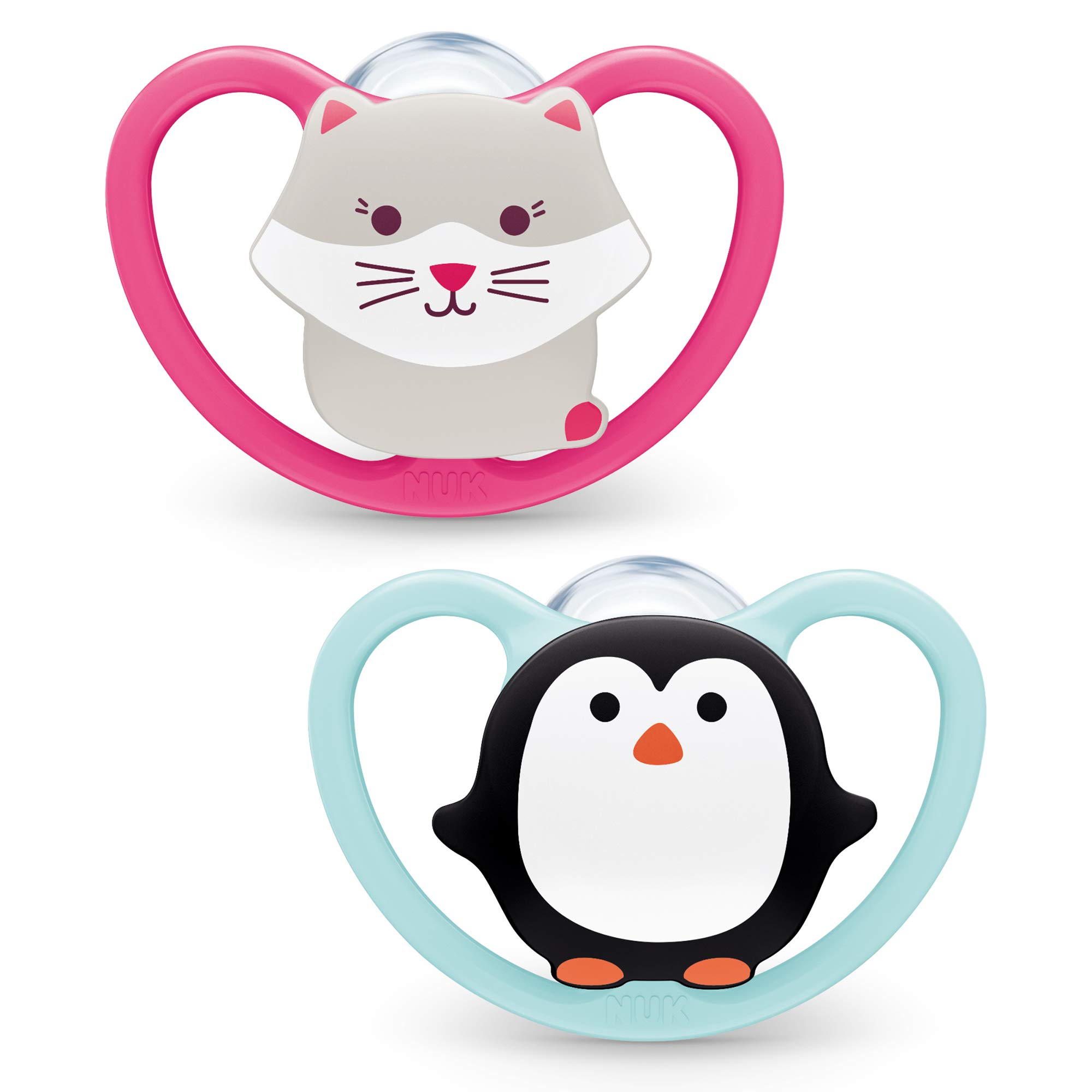 NUK Space Baby Dummy | 6-18 Months | Soothers with Extra Ventilation | BPA-Free Silicone | Cat & Penguin | 2 Count