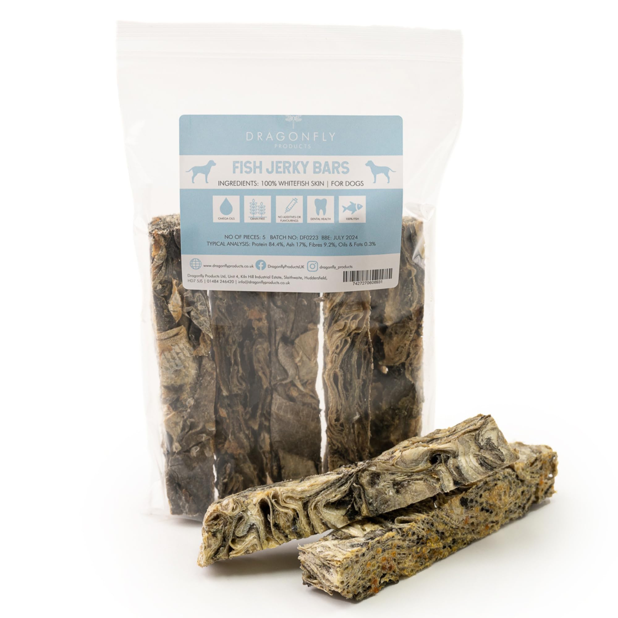 Dragonfly Products, Fish Jerky Bars made with 100% Cod Skin. Air-dried Low in Fat, Omega Essentials, Hypoallergenic, Suitable for puppies 16 weeks+, Healthy and nutritious. 6 Pieces