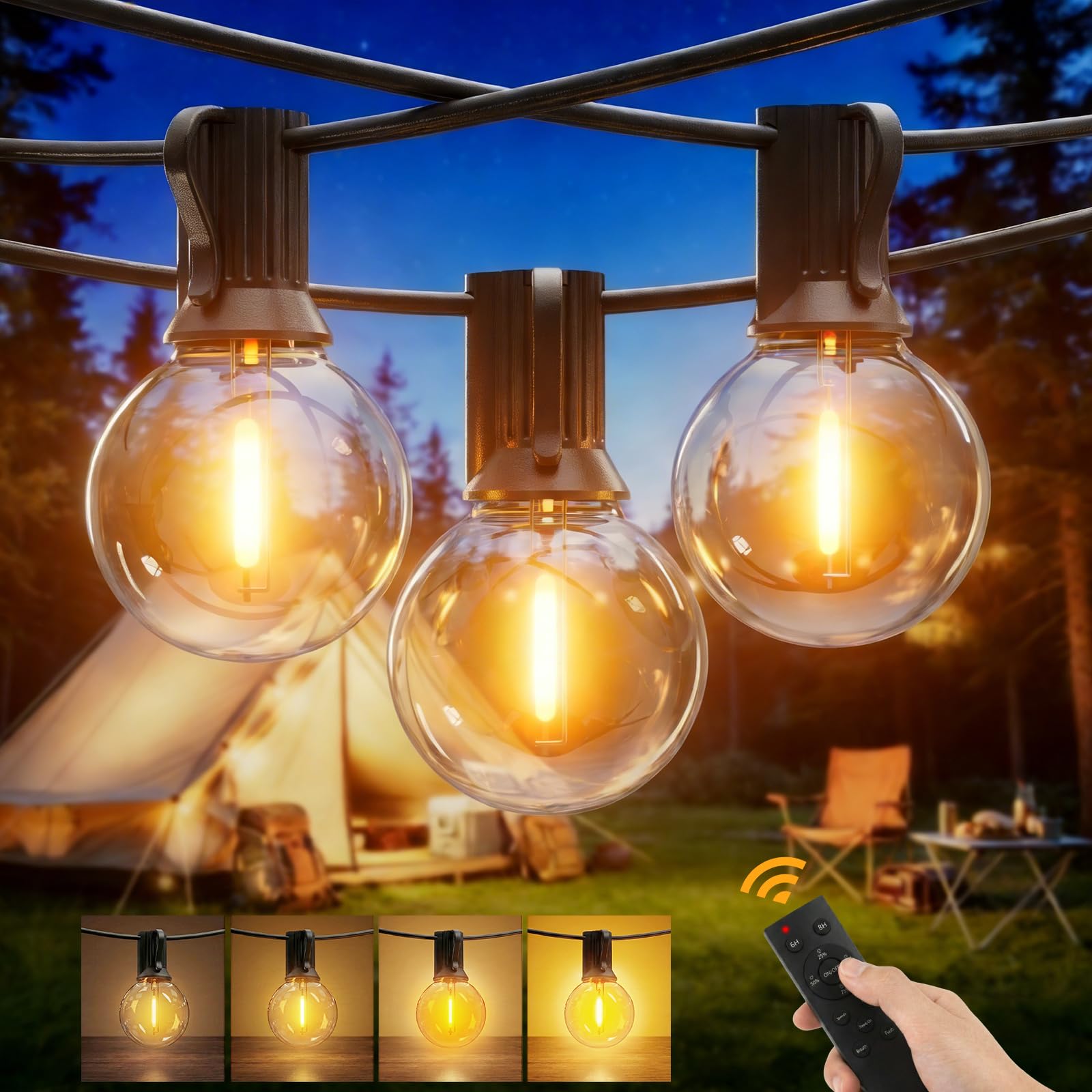 Yuusei LED String Lights Remote Control, 50Ft/15M Festoon Lights Mains Powered with 25+1 Shatterproof G40 Bulbs, IP45 Waterproof Outdoor Garden String Light for Patio Party Wedding Cafe, Warm White — image 1