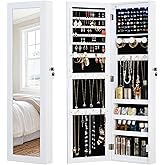 MASMIRE Full Length Mirror Jewelry Cabinet Organizer Lockable Door Wall-Mounted Jewelry Armoire with Shelves and Behind-the-Door Storage - White