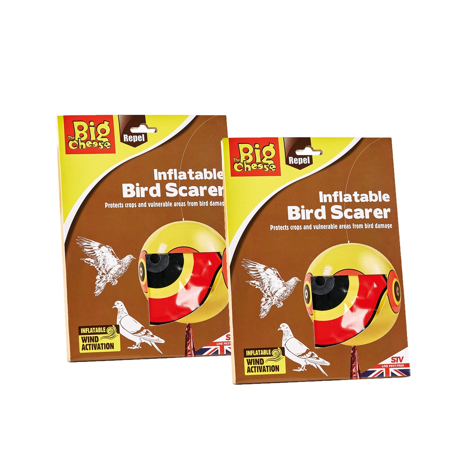 The Big Cheese Inflatable Bird Scarer – Wind-Activated Eyeball Balloon Bird Deterrent for Gardens, Crops, Boats, Trees – Scare-Eye Design, Yellow, 29 x 1.7 x 20 cm - Twinpack