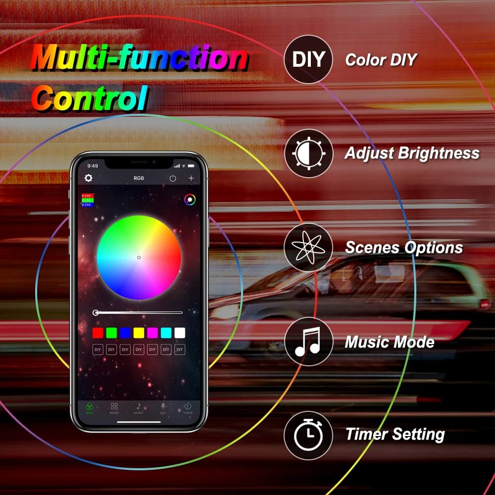 TACHICO RGB LED Rock Lights with APP/Double RF Remote Control,120 LEDs Multicolor Underglow Neon IP68 Flashing Music Timing Mode Light Kits for Jeep Off Road Truck ATV Motorcycle, DC 12V（8 Pods）: Automotive