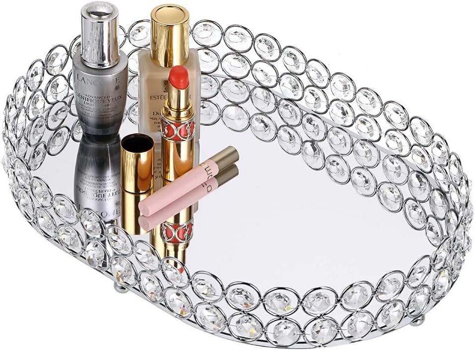 Hipiwe Mirrored Crystal Vanity Makeup Tray, Ornate Jewelry Trinket Decorative Tray Cosmetic Perfume Display Organizer Tray,Home Decor Tray for Dresser/Bathroom (Ellipse): Home Improvement