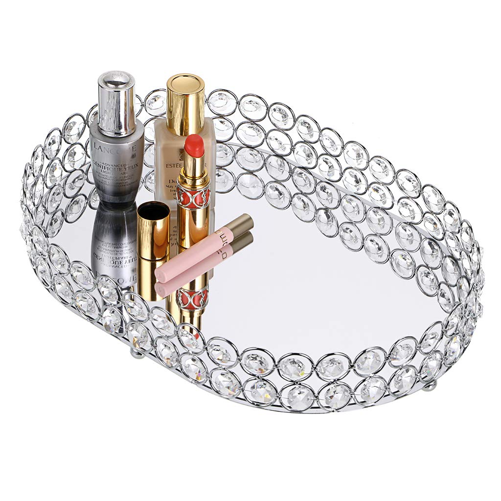 Hipiwe Mirrored Crystal Vanity Makeup Tray, Ornate Jewelry Trinket Decorative Tray Cosmetic Perfume Display Organizer Tray,Home Decor Tray for Dresser/Bathroom (Ellipse)