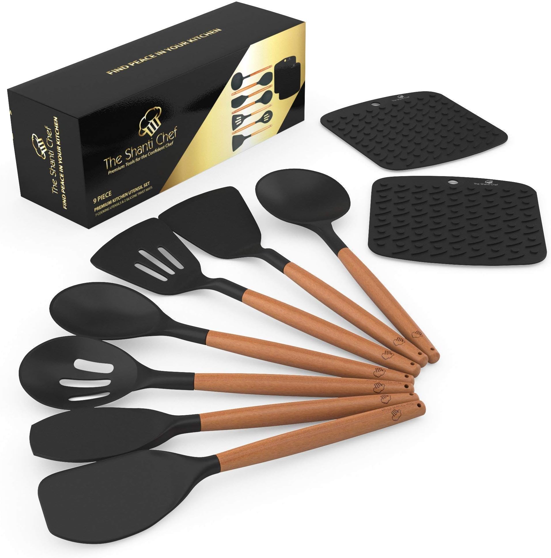 Premium 9 Piece Silicone Cooking Utensils Kitchen Set โ 7 Natural Acacia Hard Wood Handle and 2 Bonus Trivet Mats - Nonstick Heat Resistant Spatula โ BPA Free