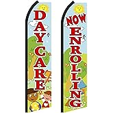 OnPoint Wares Now Enrolling Day Care King Flags – 2 Pack | 3 ft x 11.5 ft Heavy Duty Feather Flags for Daycare Advertising | Weatherproof Polyester | (Hardware Not Included)