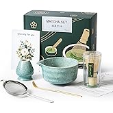 TUDRUKU Matcha Whisk Set - Bamboo Whisk and Holder, Bowl with Spout (17 oz), Matcha Sifter and Scoop, 5 Pcs Cute Matcha Kit Set Gift for Matcha Lovers (Bluish Green)