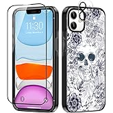 Sholbrak Designed for iPhone 11 Case Cute Floral Elegant Skulls Protective Phone Case Cover 6.1" Screen Protector + Camera Lens Protector【2X Military Grade Drop Tested / 6.6ft Drop Protection】