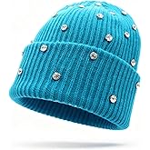 Wotfim Women's Knit Beanie Hat Soft Slouchy Warm Cuffed Beanie Hat with Rhinestones Winter Hats for Women Skull Cap