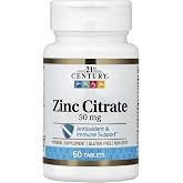 21st Century Zinc Citrate 50mg Tablets, Immune Support, Vegan, 60 Count | Zinc Citrate 50 mg, Immune &amp; Antioxidant Support, A Highly Available Form of Zinc, Non-GMO Mineral Formula Tablets for Adults