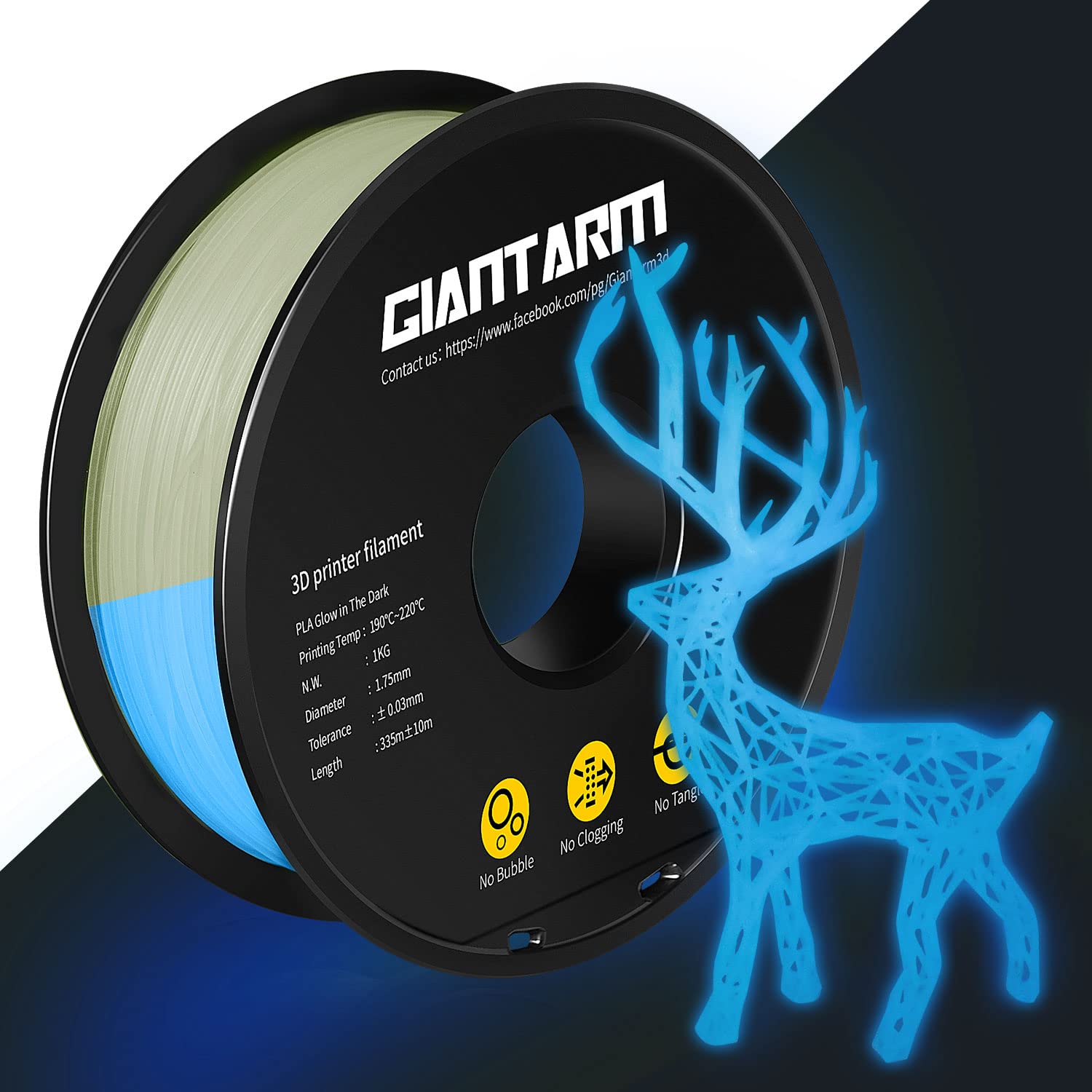 GIANTARM PLA Filament 1.75mm PLA Fluorescent Blue Luminous, Glow in The Dark 3D Printing Materials 1kg Spool…