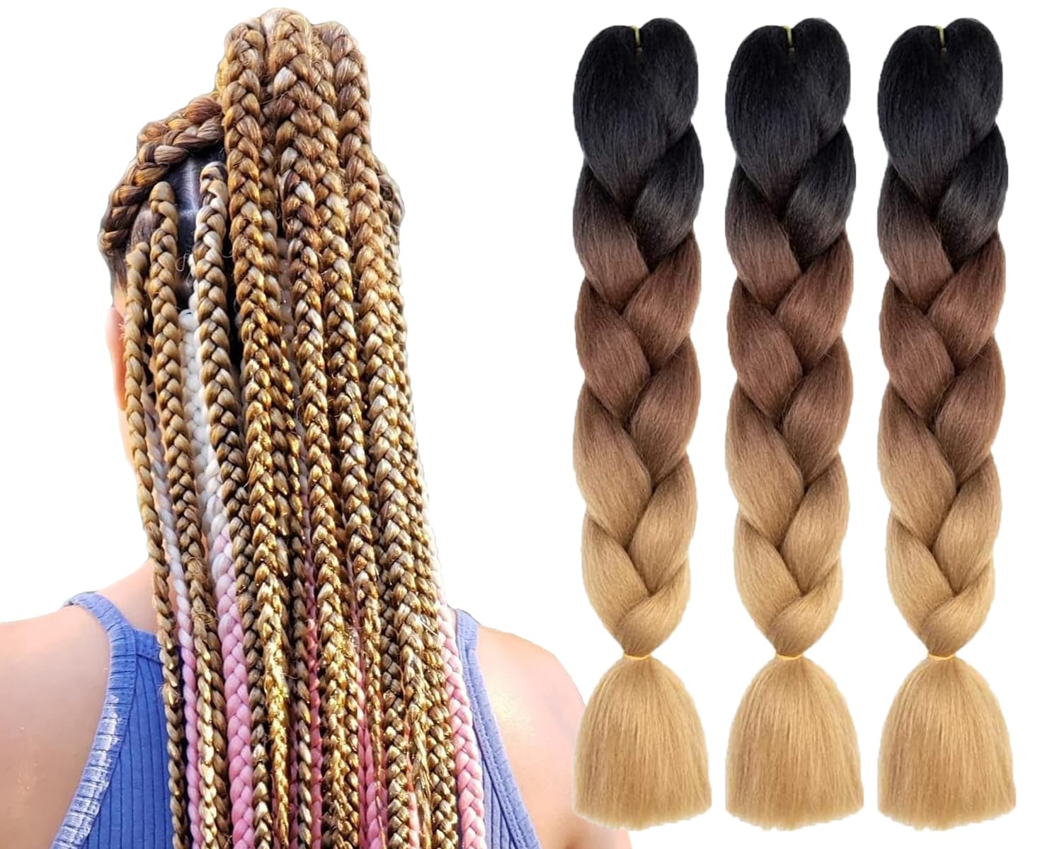 3 Pcs /300g 24 Inch Jumbo Braiding Hair, Braid Hair Extensions Synthetic Wig, Ombre Jumbo Braids for Braiding Crochet Twist Braids Hair, Afro Hair Extensions (Black/Light Brown/Ash)
