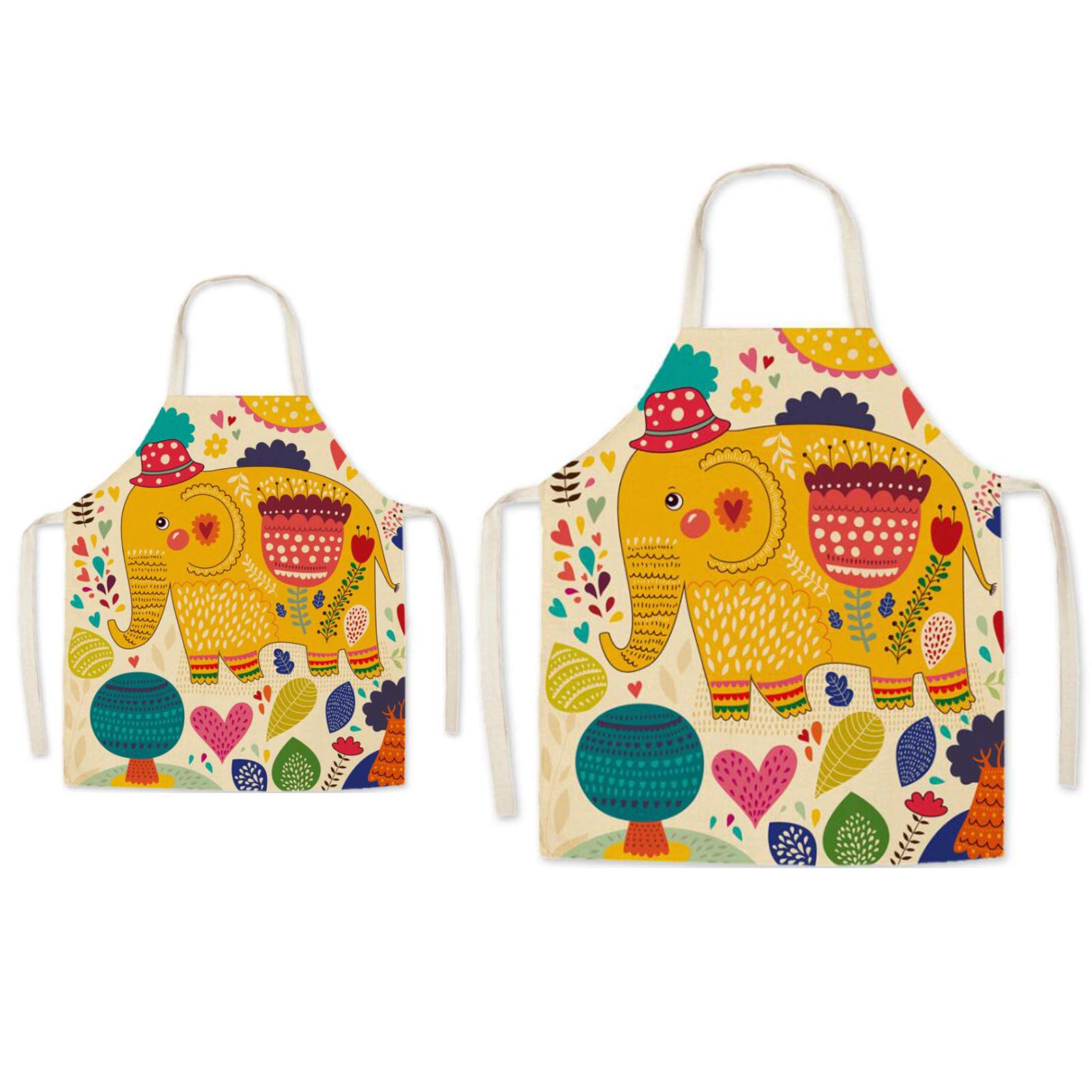 Eyands Parent and Child Apron for Cooking - Super Cute Pattern Linen Kitchen Apron for Mom Kids, Cooking Painting Gardening Apron(Elephant)