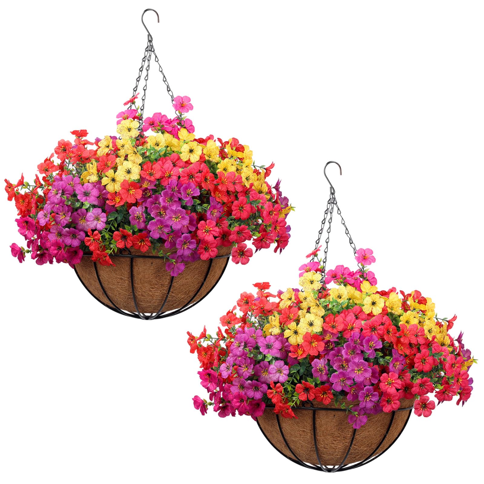 Photo 1 of PABREY 2 Pack Outdoor Artificial Flowers with Hanging Basket, Outdoor Fake Hanging Flowers for Spring Summer Front Porch Patio Yard Garden Home Decor (Red, Purple, Yellow, Hot Pink)