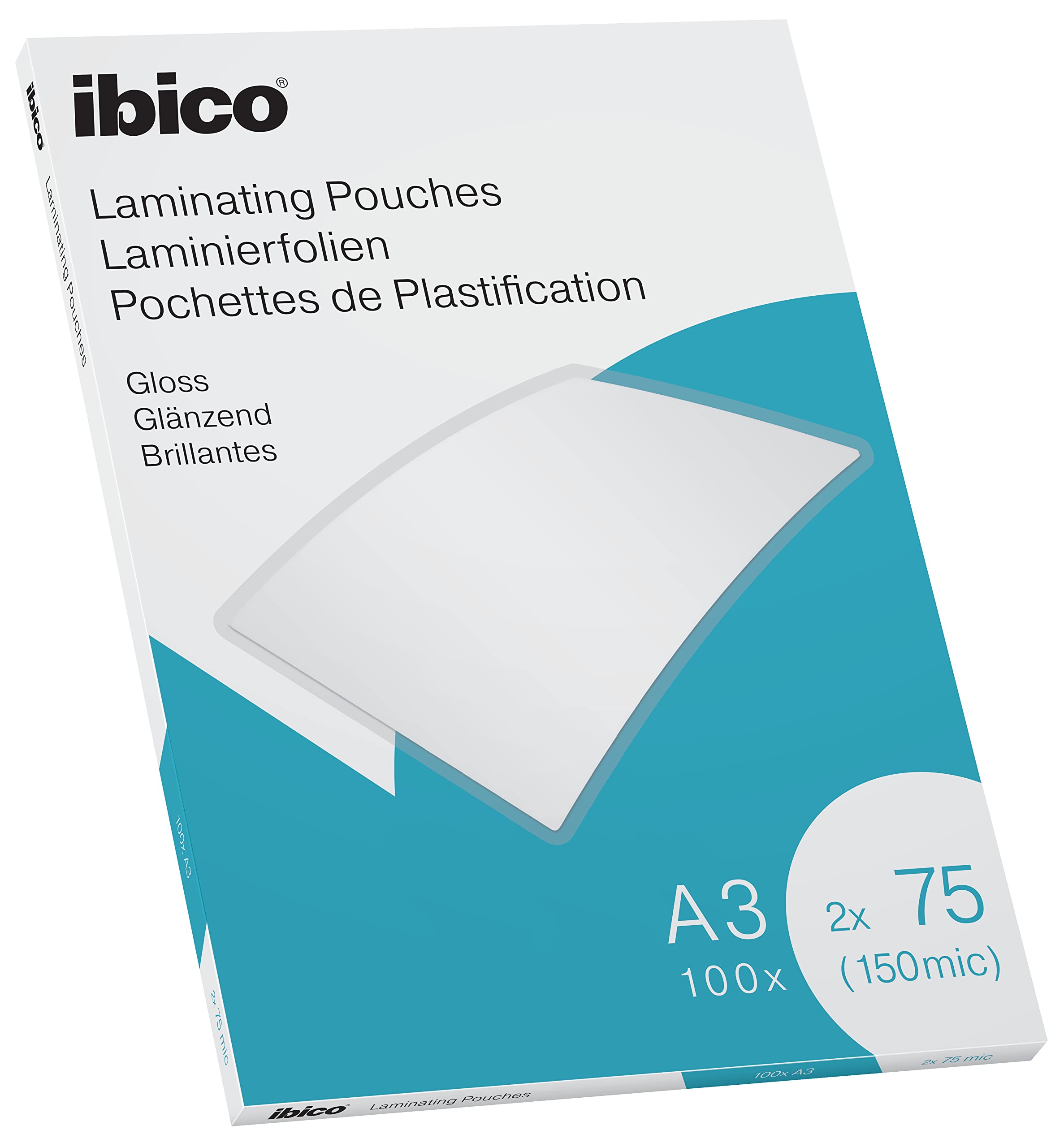 Ibico A3 Laminating Pouches, 150 Micron (2x75), High Document Protection & Durability, Pack of 100, Gloss Finish, Crystal Clear, 627319