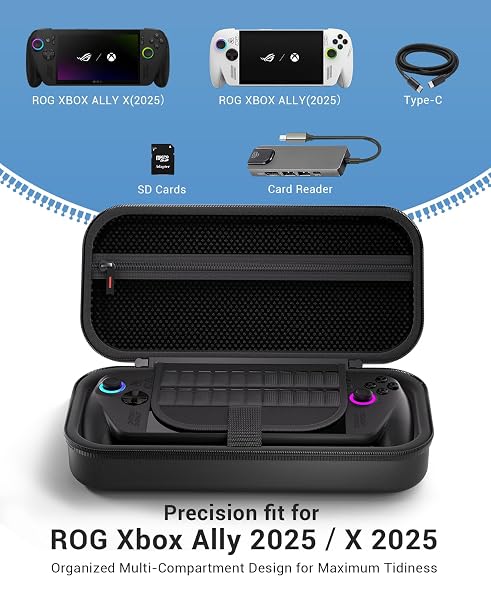 COBAK HARD CARRYING CASE FOR ASUS ROG XBOX ALLY & ROG XBOX ALLY X 7″ 2025 – 3 IN 1 ACCESSORIES BUNDLE WITH 2 SCREEN PROTECTORS, 4 THUMB GRIP CAPS, 22 SD CARD CARTRIDGES, PORTABLE TRAVEL BAG, BLACK