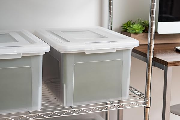 IRIS USA FILE BOX, PLASTIC FILE ORGANIZER WITH LIDS FOR LETTER/LEGAL FILE, PORTABLE DOCUMENT BOX FOR MOVING, STORAGE BIN WITH DURABLE AND SECURE LID, STACKABLE NESTABLE BPA-FREE, CLEAR 35 QT. 4 PACK