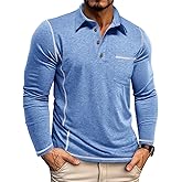 Men's Casual Long Sleeve Polo Shirts Collared Button Cotton T-Shirt Classic Stylish Golf Shirt with Pocket