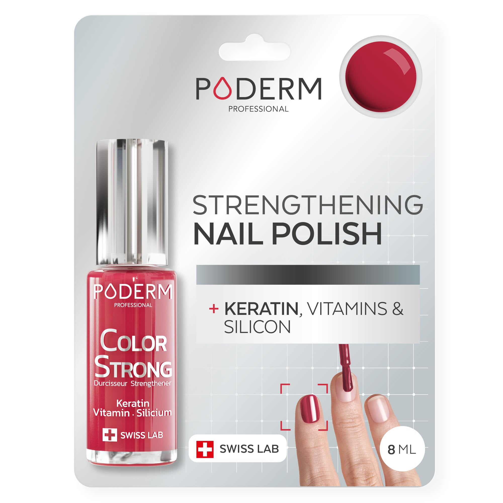 PODERM Nail Strengthener Polish - Red Rose | Repairs and Strengthens Nails Damaged & Weakened by Semi-Permanent Nail Polish | Biotin, Silicon and Keratin | Developed by a Podiatrist in Switzerland