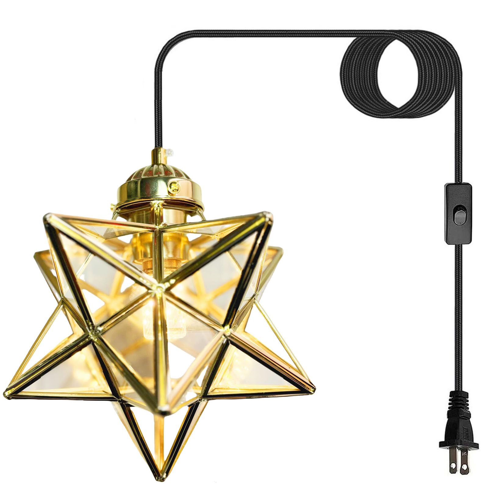 Photo 1 of JLOWCO Gold Moravian Star Pendant Light with Brass Shade&Seeded Glass, 16.5ft Plug-in Hanging Light Fixture with Switch, Brass Lighting Fixture for Kitchen Island, Bedroom, Nursery(LED Bulb Included)