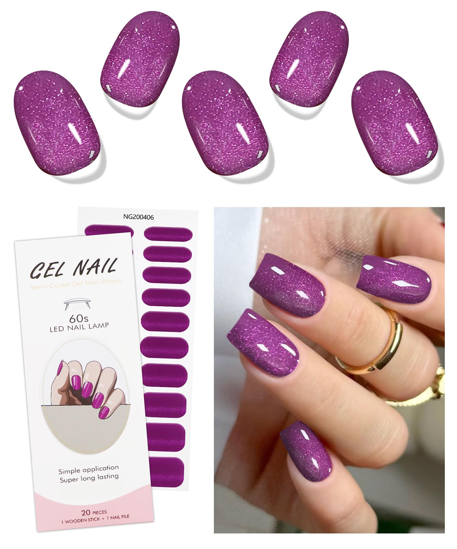 JMEOWIO Semi Cured Gel Nail Strips Purple Pink Cat Eye Gel Nail Stickers Nails Art Design Decoration Accessories