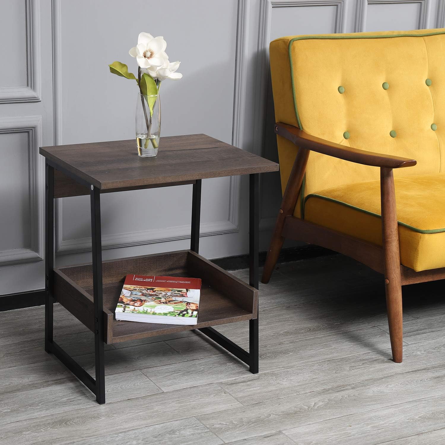 Sekey Home End Table, 2-Tier Side Table with Storage Shelf, Sturdy and Easy Assembly, Wood Look Accent Furniture with Metal Frame, Smoky Oak: Kitchen & Dining