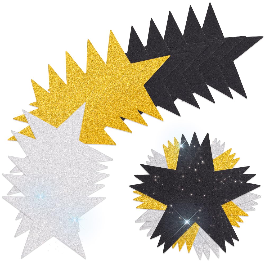 SOFPLATE 80Pcs 3 Colors Star Shaped Cutouts Paper Cutout Stars 6 Inch Golden Silver Black Double Sided Shiny Glitters Confetti Cutouts for DIY Crafting Bulletin Board Classroom Wall Party Decorations