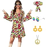 For G and PL Women's 5 Pcs Halloween 70s Hippie Dress Floral Costume Outfit with Sunglasses Headband