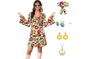 For G and PL Women's 5 Pcs Halloween 70s Hippie Dress Floral Costume with Sunglasses Headband