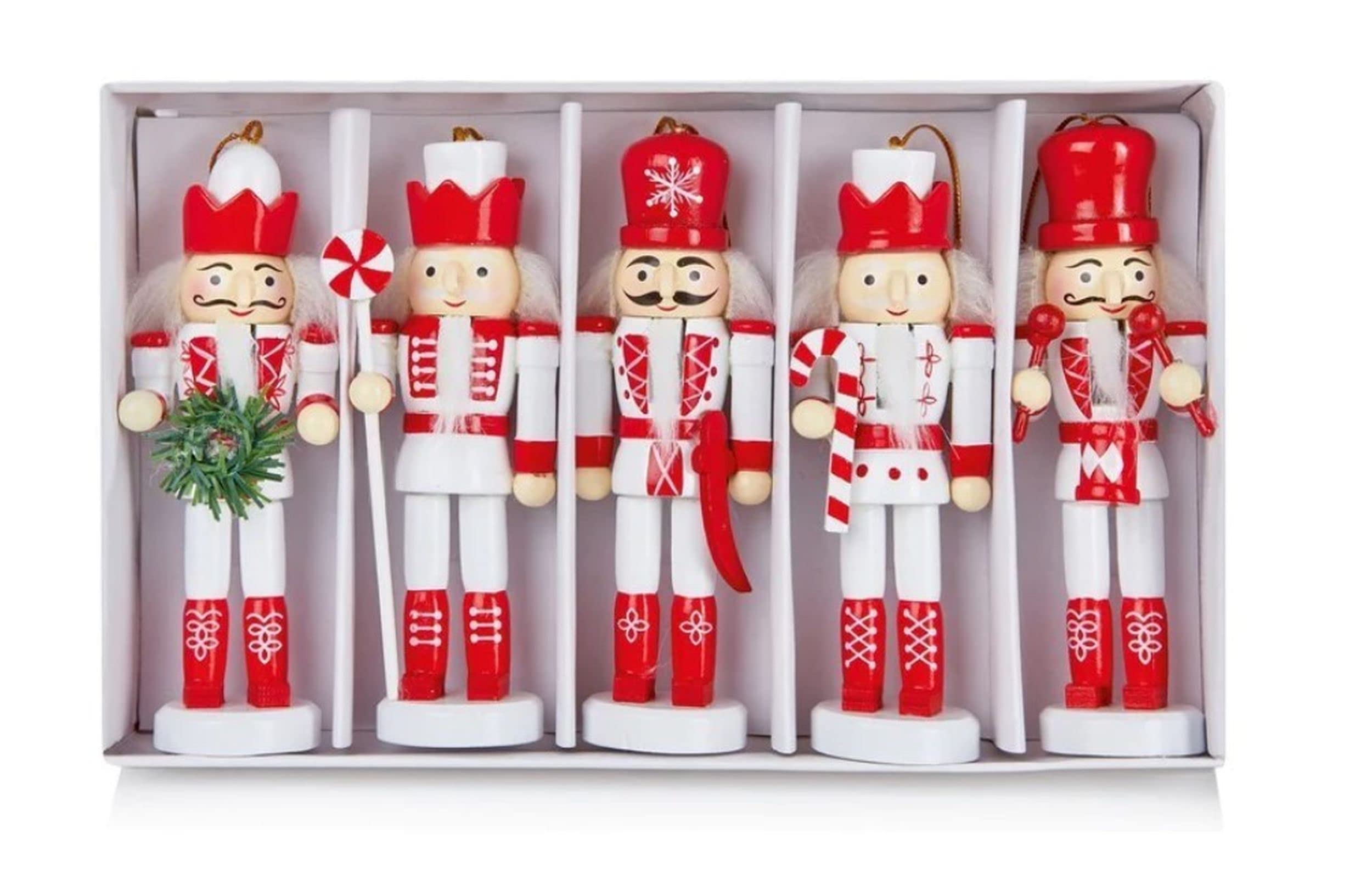 Premier Set Of 5 Nutcracker Christmas Decorations Wooden Tree Decorations Hanging Soldiers Red & White