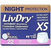 LivDry Adult XS Incontinence Underwear, Overnight Comfort Absorbency, Leak Protection, X-Small, 22-Pack