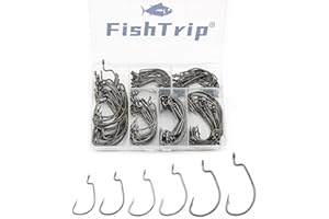 FishTrip EWG Hooks for Bass Fishing - 50/100/120pcs Offset Worm Hook Texas Rig Hooks for Freshwater Saltwater Size 1 1/0 2/0 3/0 4/0 5/0
