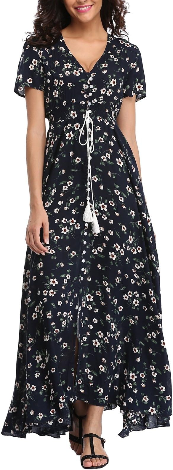 Women's Floral Print Maxi Dresses Boho Button Up Split Beach Party Dress