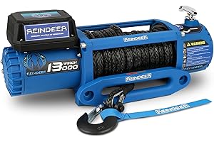 REINDEER 12V Electric Winch 13000lb Load Capacity Multi-Purpose Winch Heavy Duty with Synthetic Rope Hawse Fairlead Waterproof Wireless Handheld Remotes