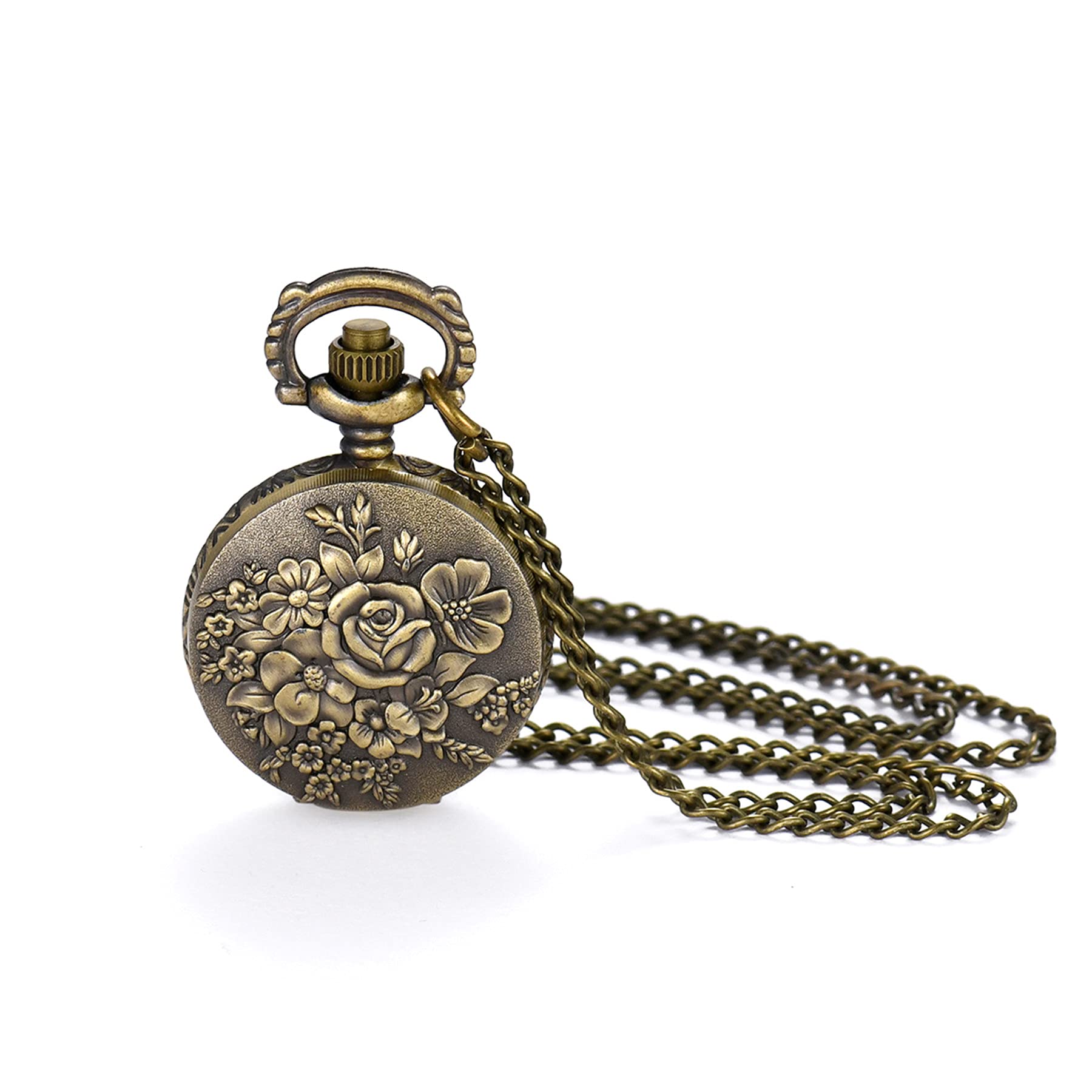 JewelryWe Flower Series Pocket Watch Classic Steampunk Fob Half Hunter Quartz Watches Retro Bronze Pendant Watch Necklace for Women