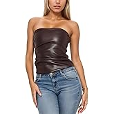 ISZPLUSH Women’s Tube Cropped Camisole Tops Sexy Ruched Strapless PU Leather Club Party Y2K Going Out Outfit Bandeau