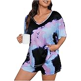 WDIRARA Women's Plus Size Tie Dye Pajama V Neck Short Sleeve and Shorts 2 Piece Nightwear