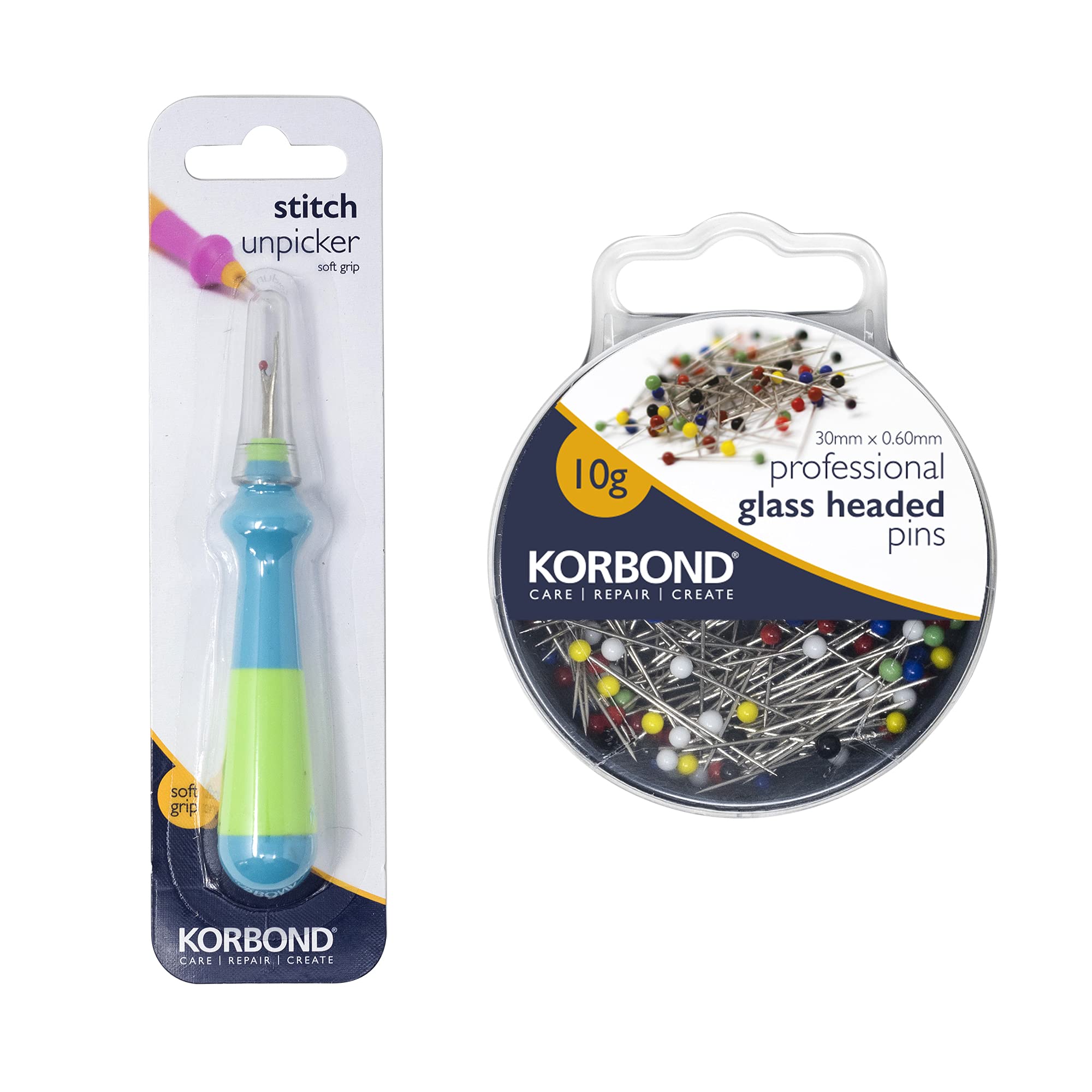 Korbond Seam Ripper & Glass Head Sewing Pins - 12cm Stitch Unpicker & 10g Professional Sewing Pins (Approx. 100pcs) – Large Handled Stitch Unpicker with Comfort Grip & Protective Cap