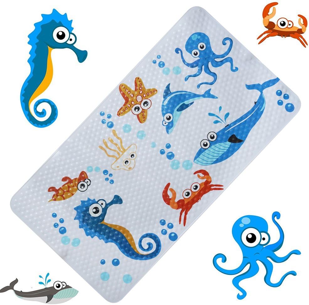 FEIDOL Non Slip Baby Bath Mat with Suction Cups for Tub, Shower Anti-Slip Mat, 27 x 15 Inch Cute Pattern Design, Bathtub Mat for Kids (Marine)