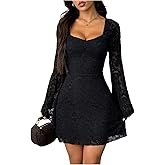 BEAUDRM Women's Y2k Lace Gothic Mini Dress Tie Back Bell Long Sleeve Sweetheart Neck Party Date Night Dresses